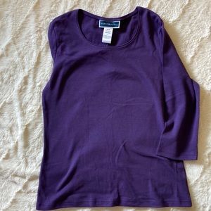 Karen Scott, 3/4 sleeve purple casual top, women’s size petite medium (PM).